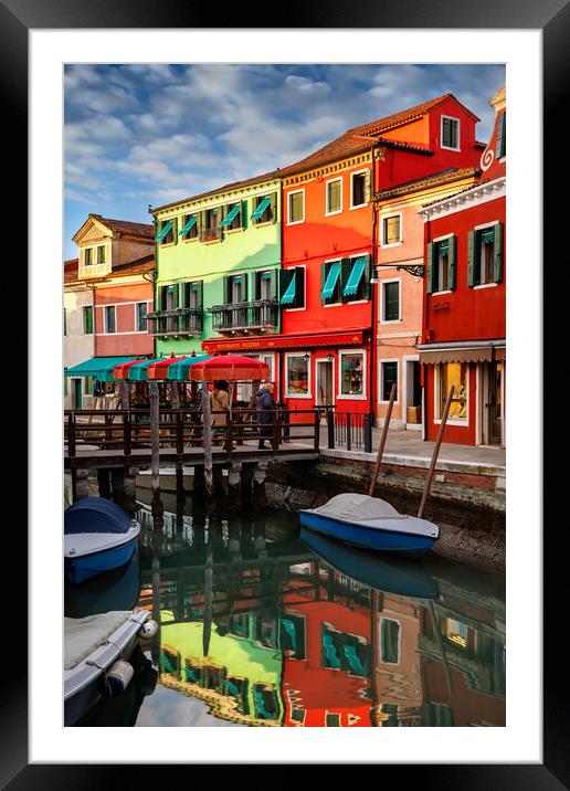 Colorful houses and canal on Burano island, near V Framed Mounted Print by Olga Peddi