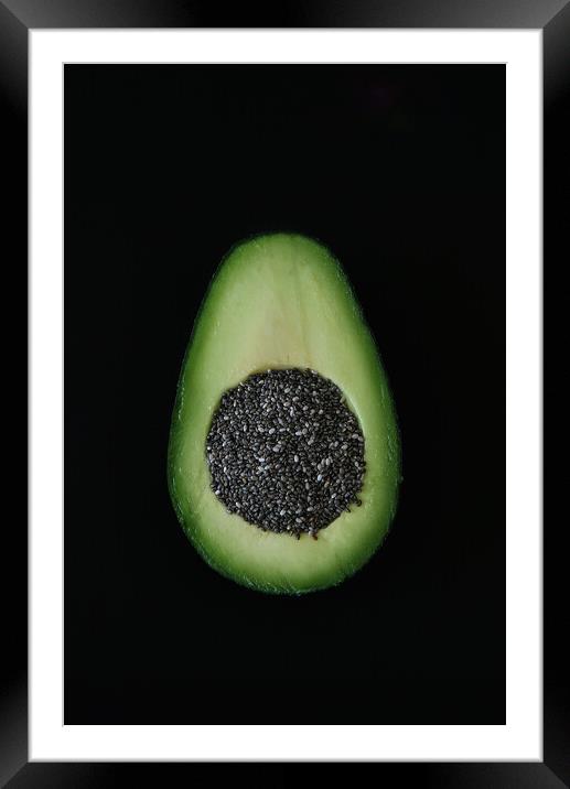 Artistic composition of Avocado end Chia seed on b Framed Mounted Print by Olga Peddi