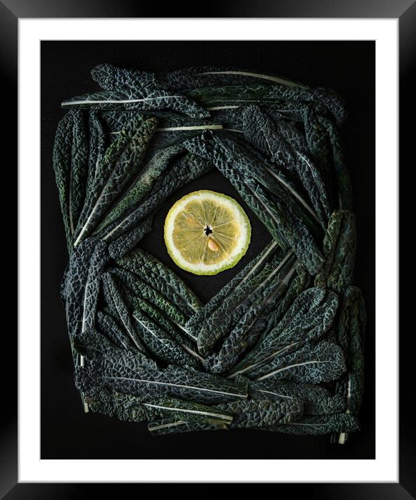 Green Kale leaves end lemon slices  Framed Mounted Print by Olga Peddi