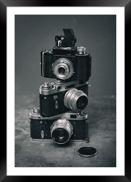 Set of Vintage Film Cameras. Framed Mounted Print by Olga Peddi