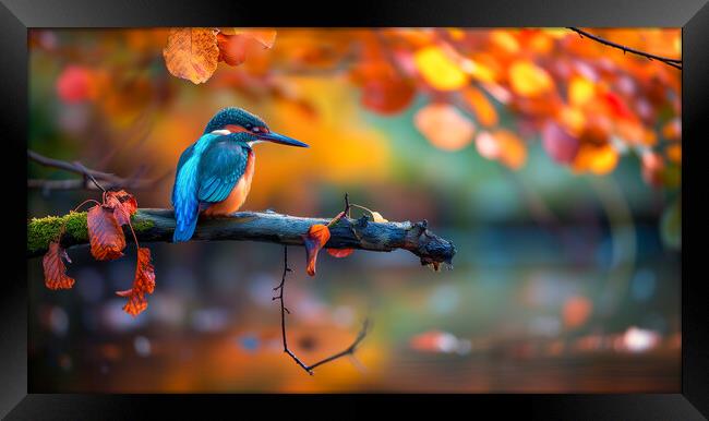 Kingfisher over an autumn woodland Stream Framed Print by T2 