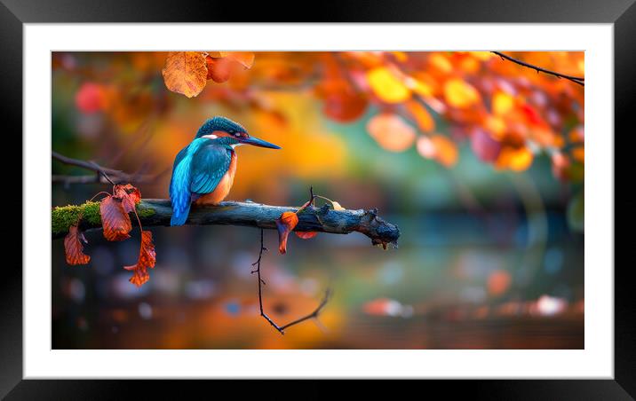 Kingfisher over an autumn woodland Stream Framed Mounted Print by T2 