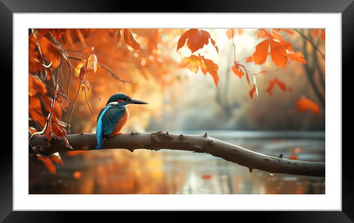 Kingfisher over an autumn woodland Stream Framed Mounted Print by T2 
