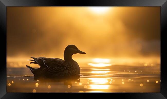 Duck on a pond, gliding into Sunrise Framed Print by T2 