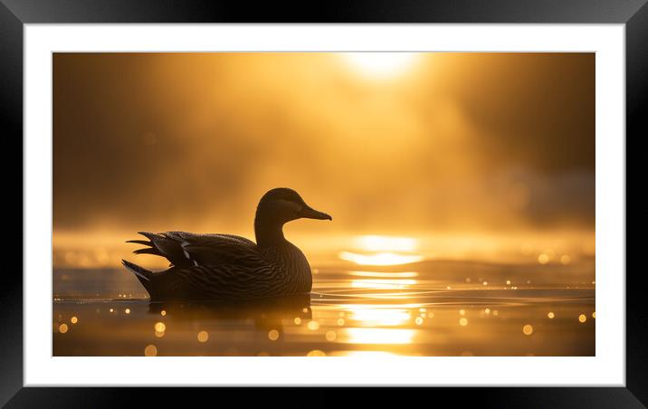 Duck on a pond, gliding into Sunrise Framed Mounted Print by T2 