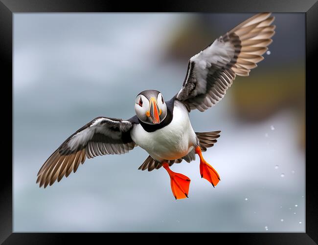 Atlantic Puffin in Flight Framed Print by T2 