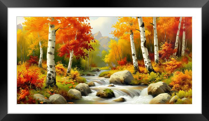 Autumn Woodland Stream Painting Framed Mounted Print by T2 