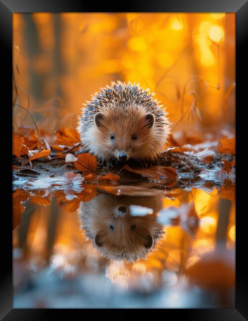  Hedgehog Reflecting in a Woodland Puddle Framed Print by T2 