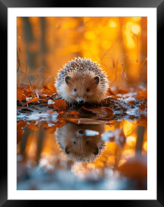  Hedgehog Reflecting in a Woodland Puddle Framed Mounted Print by T2 