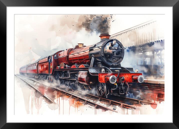 Red Steam Train Watercolour Framed Mounted Print by T2 