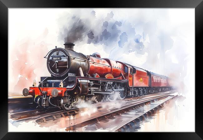 Red Steam Train Watercolour Framed Print by T2 