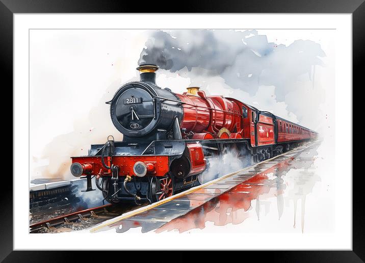 Red Steam Train Watercolour Framed Mounted Print by T2 