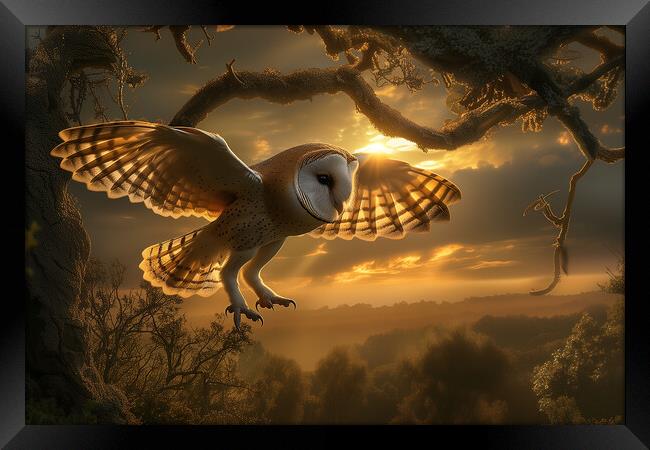 Barn Owl at Sunset Framed Print by T2 