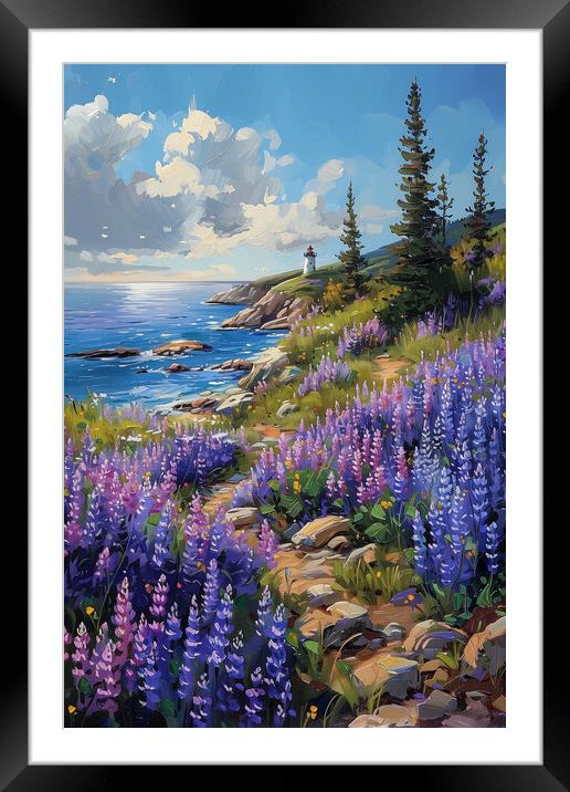 Coastal Lupines in Maine Oil Painting Framed Mounted Print by T2 