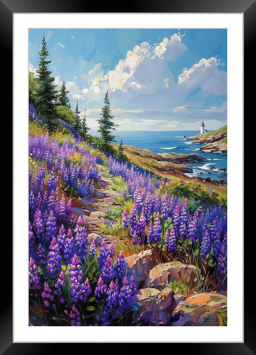 Coastal Lupines in Maine Oil Painting Framed Mounted Print by T2 
