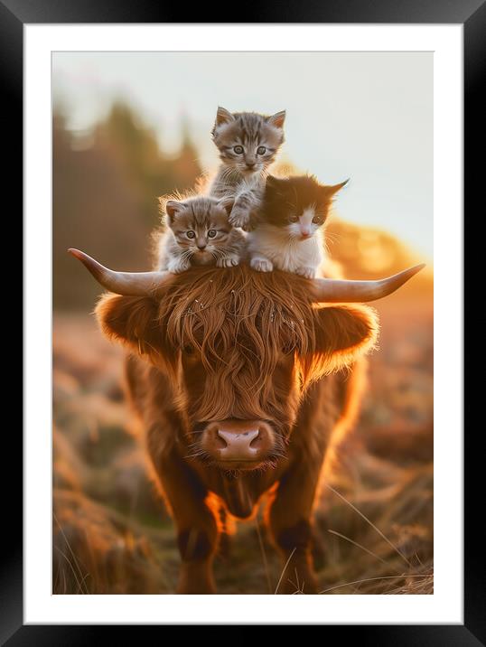 Scottish Highland Cow and Three Kittens Framed Mounted Print by T2 