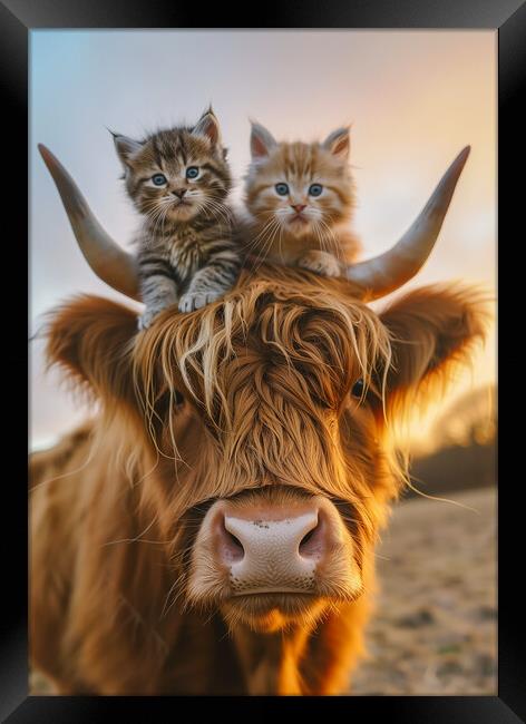 Scottish Highland Cow and Two Kittens Framed Print by T2 