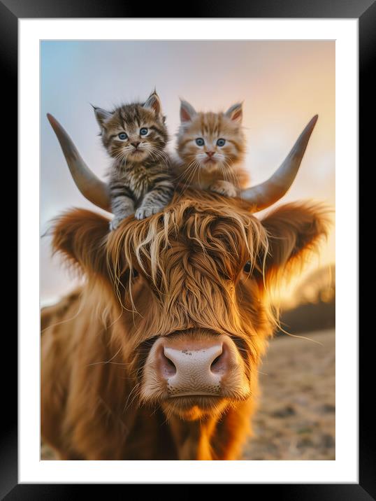 Scottish Highland Cow and Two Kittens Framed Mounted Print by T2 