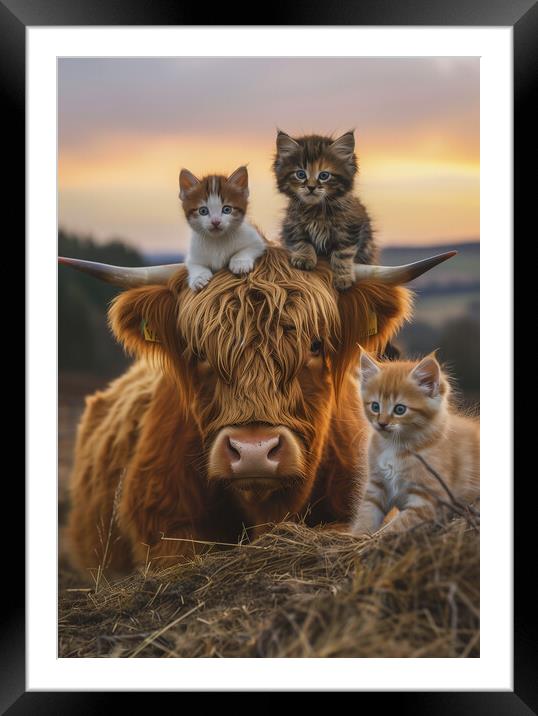 Scottish Highland Cow and Three Kittens Framed Mounted Print by T2 