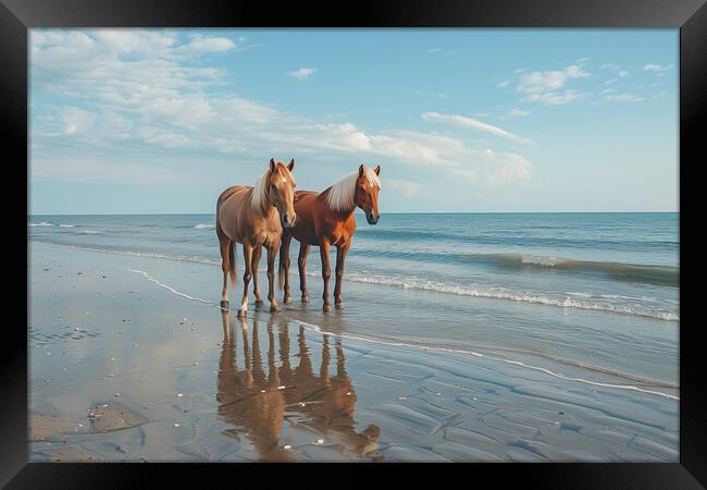 Horses on a beach in Wintertime Framed Print by T2 