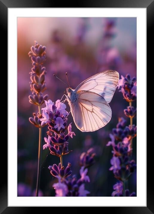 White Butterfly on Lavender Framed Mounted Print by T2 