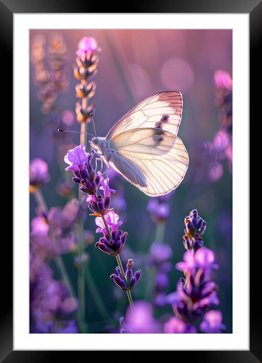 White Butterfly on Lavender Framed Mounted Print by T2 