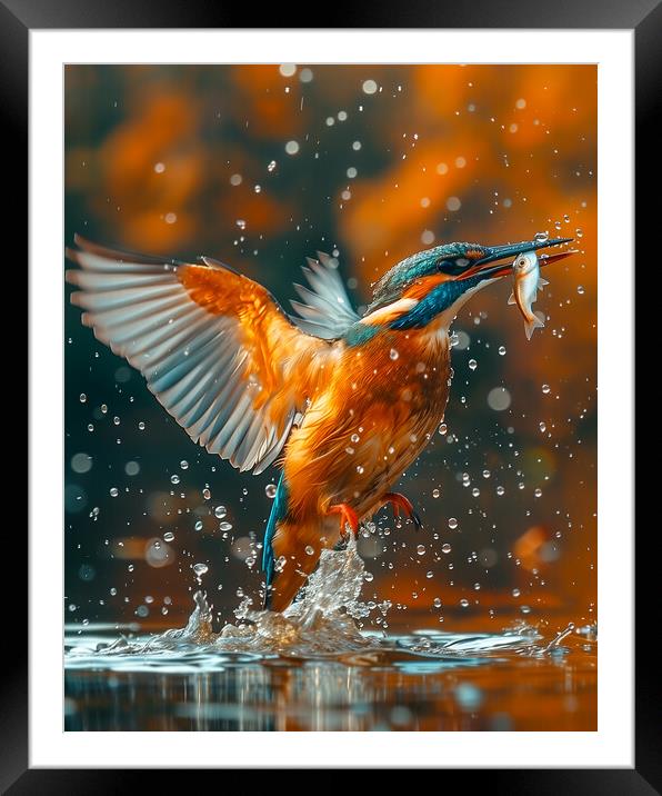 Kingfisher catches a Fish Framed Mounted Print by T2 