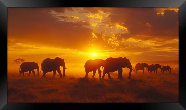 Elephants in the African Sunset Framed Print by T2 