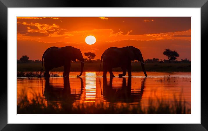 Elephants in the African Sunset Framed Mounted Print by T2 