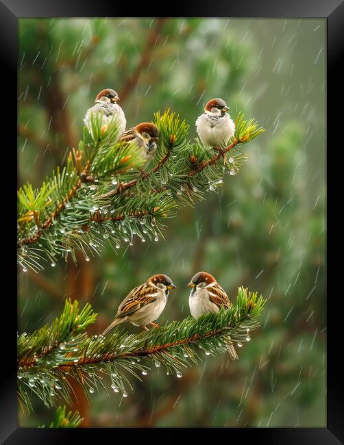 Sparrows in the Rain Framed Print by T2 
