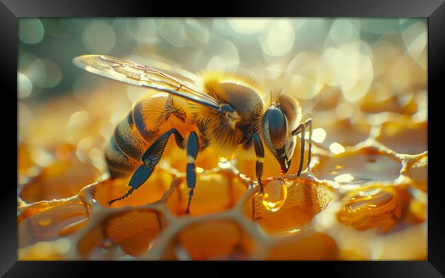 Bee on a Honeycomb Framed Print by T2 