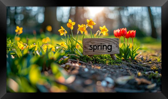 Spring Sign with Spring Flowers Framed Print by T2 