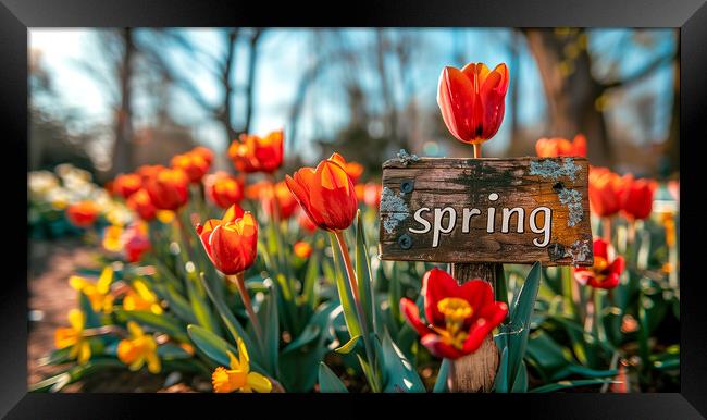 Spring Sign with Spring Flowers Framed Print by T2 