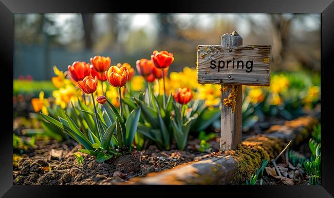 Spring Sign with Spring Flowers Framed Print by T2 