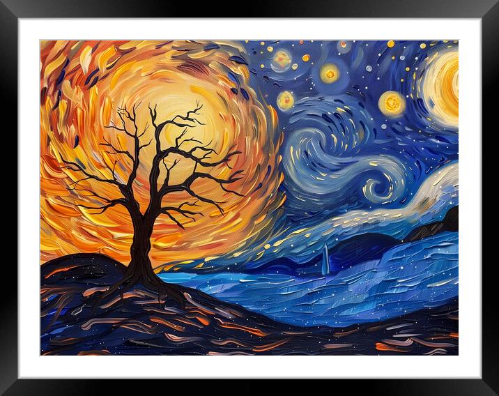 Lone Tree and Swirl Night Sky Painting Framed Mounted Print by T2 