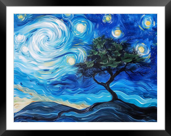 Lone Tree and Swirl Night Sky Painting Framed Mounted Print by T2 