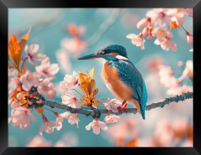 Kingfisher standing on a branch of Cherry Blossom Framed Print by T2 