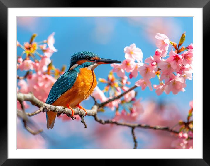 Kingfisher standing on a branch of Cherry Blossom Framed Mounted Print by T2 