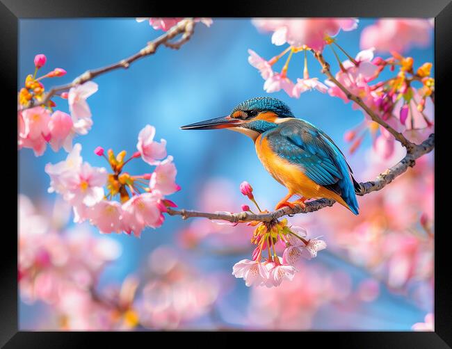 Kingfisher standing on a branch of Cherry Blossom Framed Print by T2 