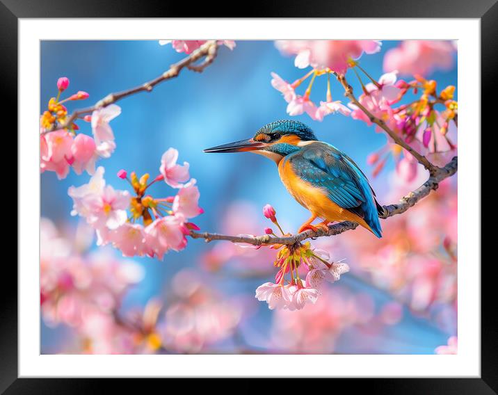 Kingfisher standing on a branch of Cherry Blossom Framed Mounted Print by T2 