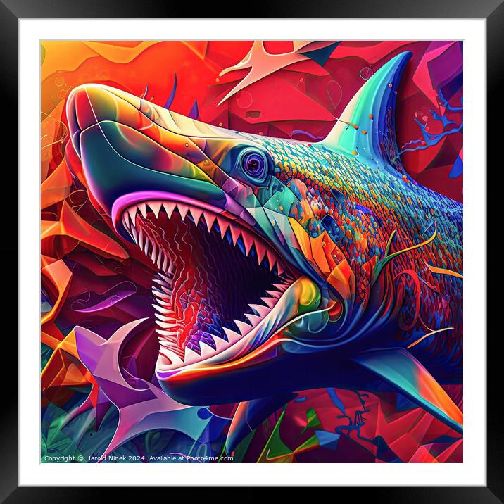 Psychedelic Shark Framed Mounted Print by Harold Ninek