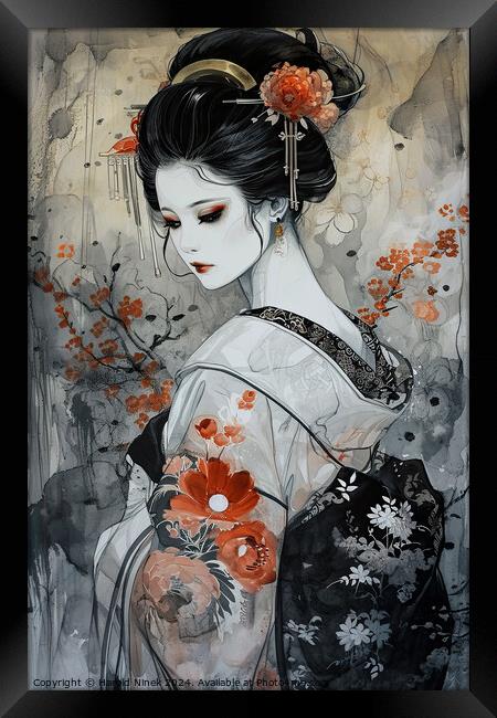 Geisha in White Framed Print by Harold Ninek