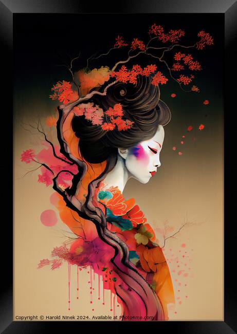 Geisha in Bloom Framed Print by Harold Ninek