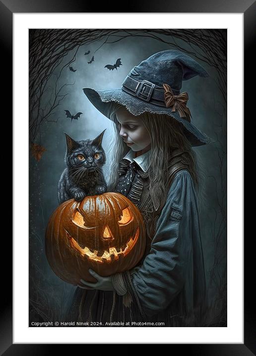 Little Witch, Big Pumpkin Framed Mounted Print by Harold Ninek