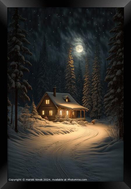 Winter Cabin in the Woods II Framed Print by Harold Ninek