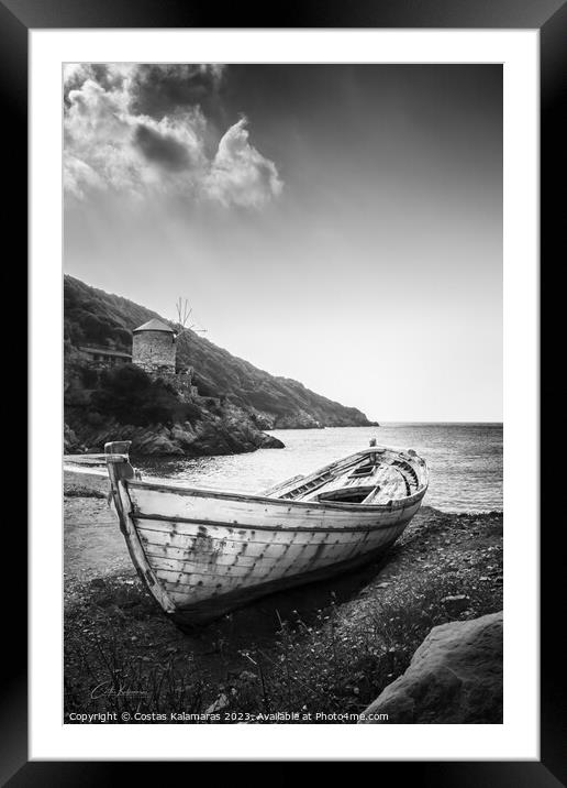 Abandoned Boat by the Greek Seaside Framed Mounted Print by Costas Kalamaras