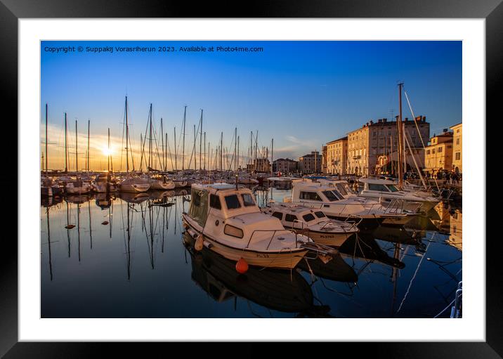 Docking at Piran Framed Mounted Print by Suppakij Vorasriherun