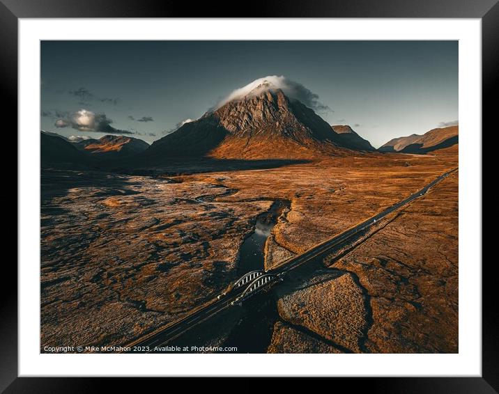Aerial view of Buachaille etive mor , A82 Glencoe bridge  Framed Mounted Print by Mike McMahon