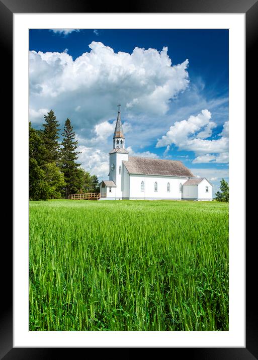 wheat field with historic Chapelle St. Thérèse church Framed Mounted Print by Dave Reede