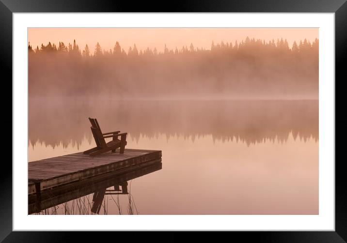 chair on dock, Glad Lake, Duck Mountain Provincial Park Framed Mounted Print by Dave Reede